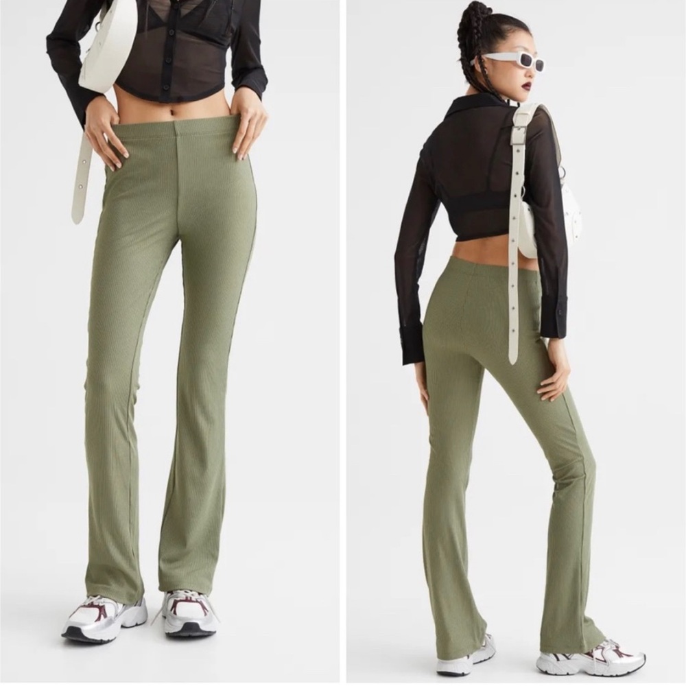 Ribbed Jazz Pant - H&M - khaki green color, flare leg
